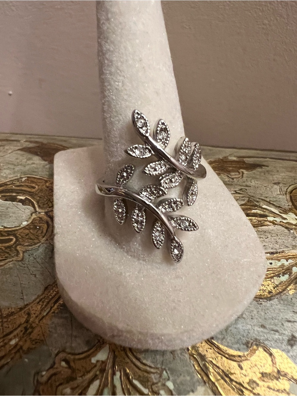 Leaf Wrap Ring in Silver with Crystal Accents Size 8.5